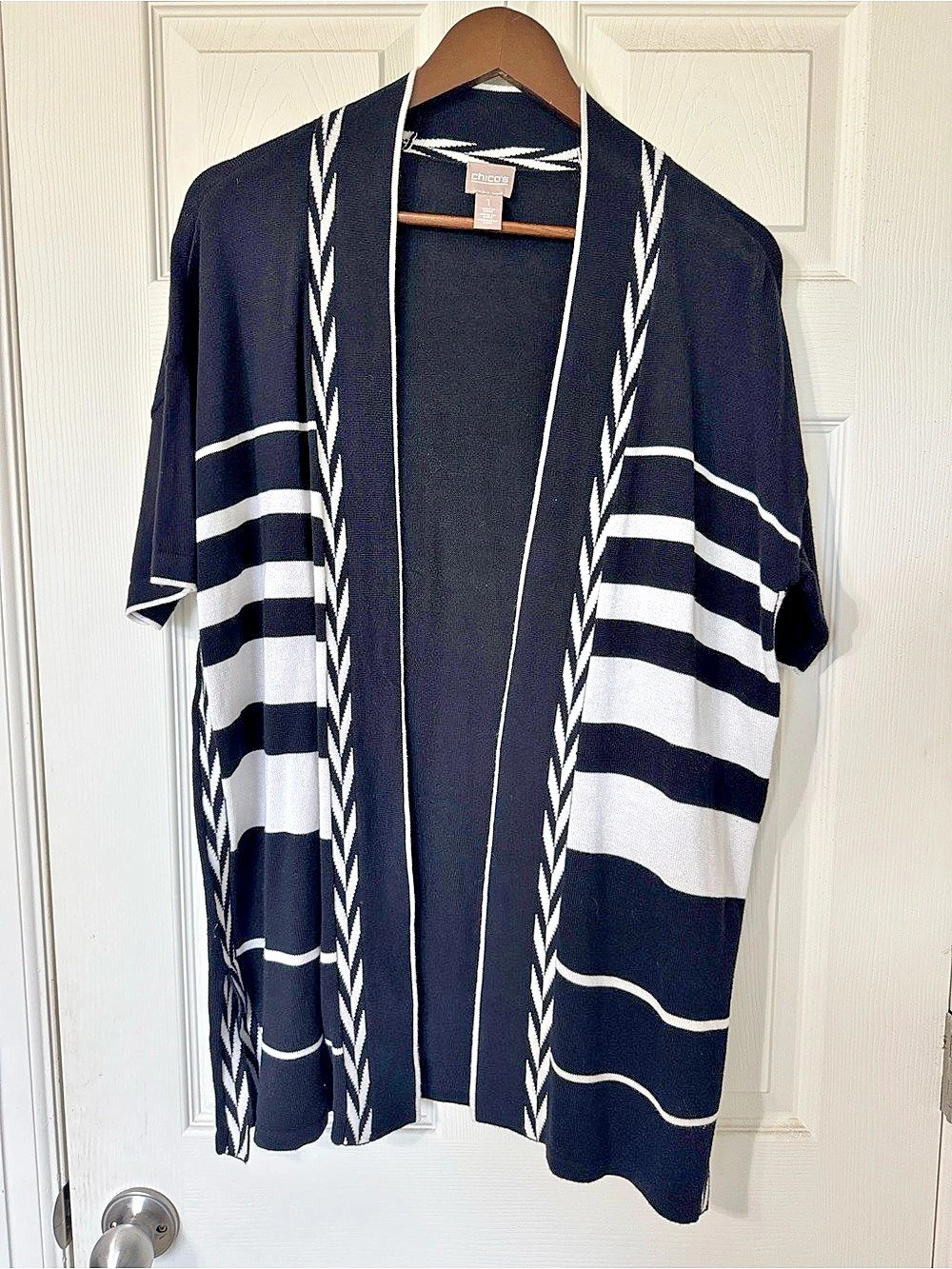 Chico's Black & White Striped Open Front Cardigan
